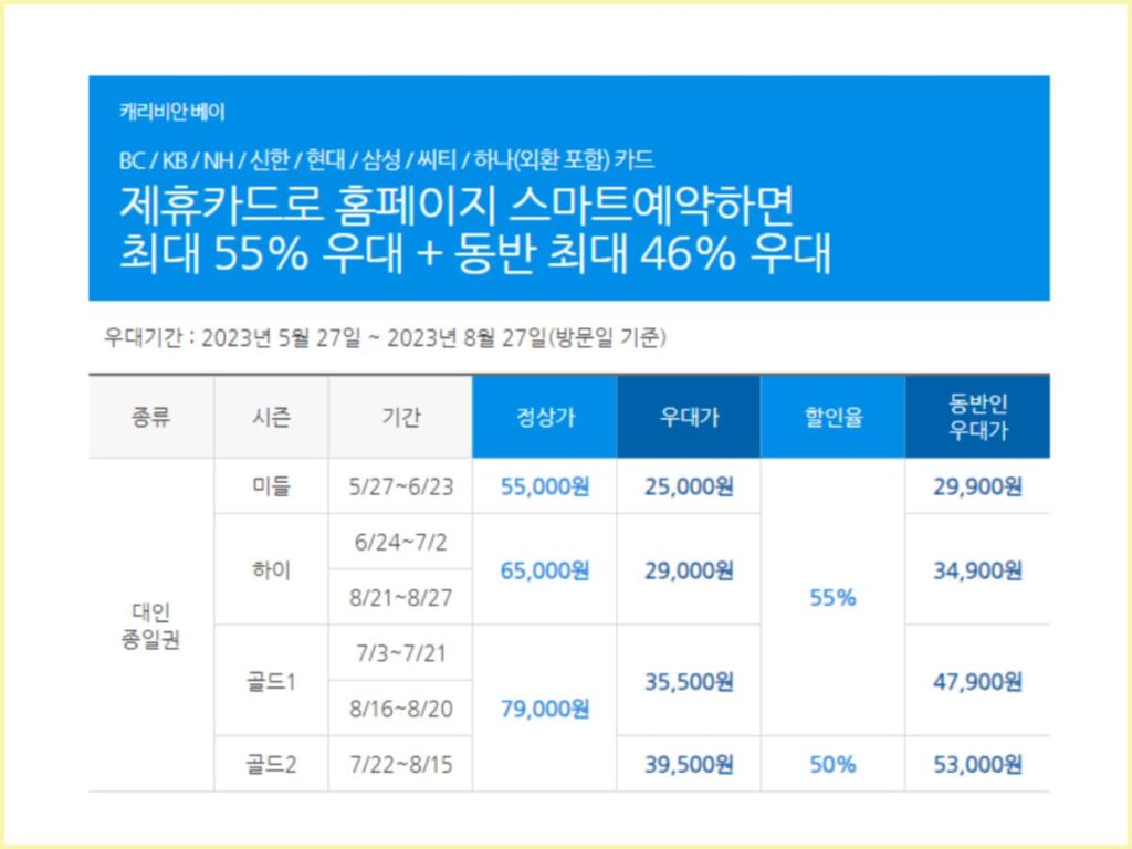 2023 캐리비안베이 입장권 할인 팁 알아보기 2 제휴카드로 구매할 경우 캐리비안베이 입장료 우대가